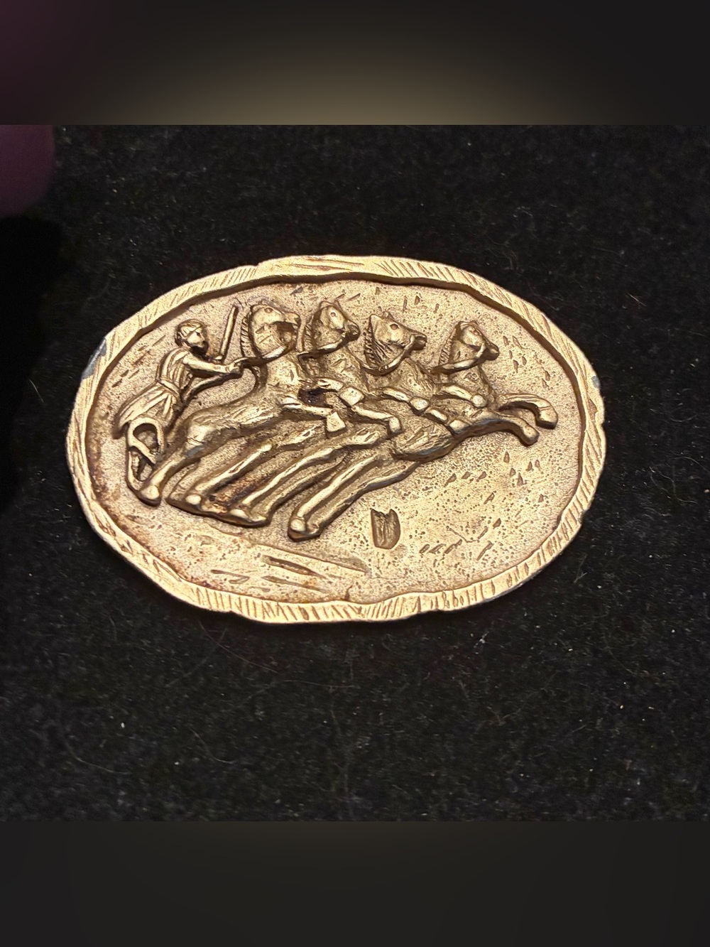 Vintage Equestrian Oval Brooch Pin Horse Chariot Relief Collectible